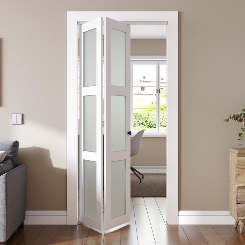 SMARTSTANDARD Bifold Door, for 28"x 80" Opening,Tempered Frosted Glass Closet Folding Barn Door with Hardware Kit, Water-Proof PVC Surface,Easy Install,White