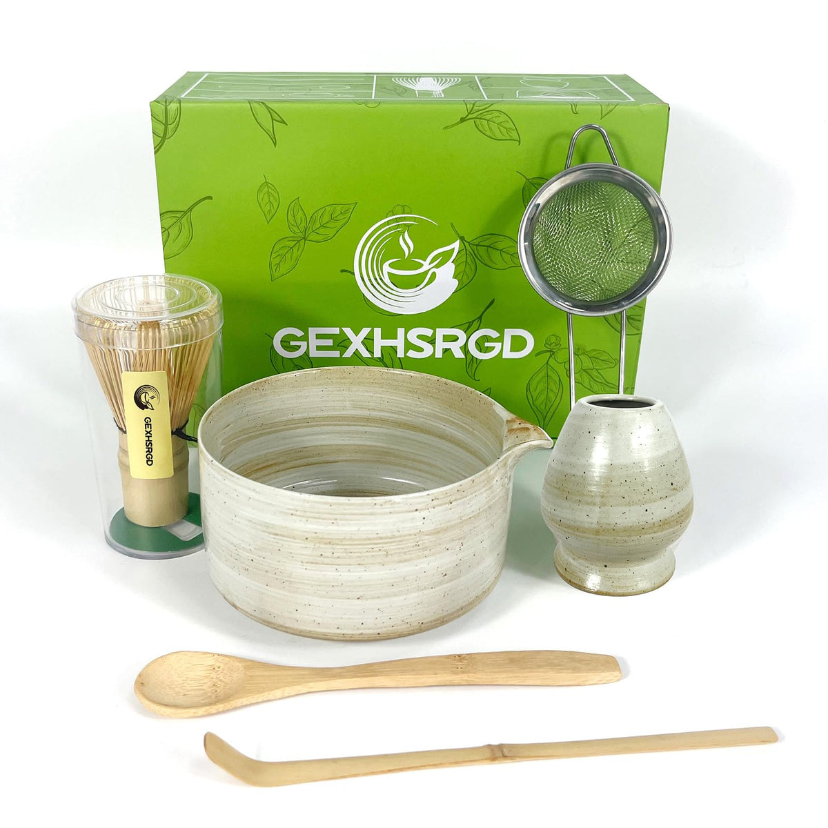 GEXHSRGD Matcha Whisk Set 6 pc Kit - Traditional Japanese Chasen, Bamboo Whisk Holder, Ceramic Bowl with Spout, Sifter & 2 pc Spoons - matcha kit set, Gift for Matcha Tea Lovers(Pink)