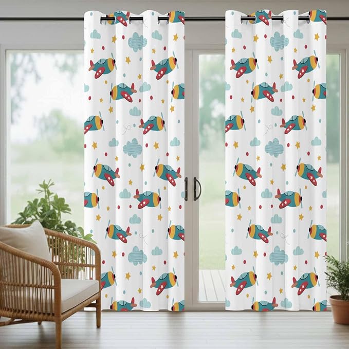 Turquoise Airplane Waterproof Outdoor Curtains