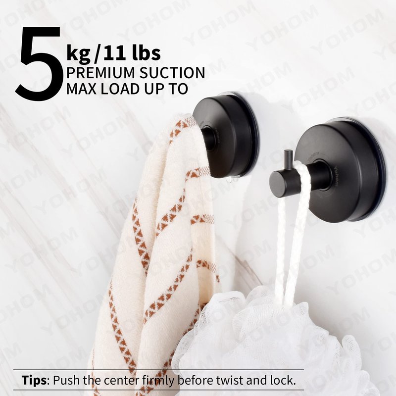 YOHOM Suction Cup Hooks Shower Towel Holder Stainless Steel Vacuum Bathroom Shower Hook Suction Towel Rack Kitchen Organizer for Bathrobe Loofah Matte Black 2Pcs