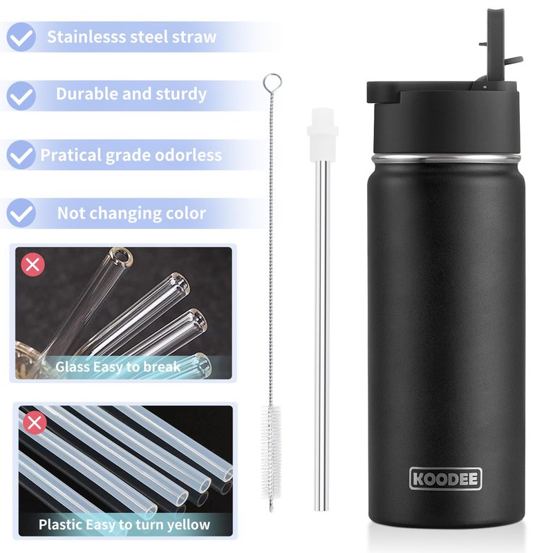 koodee Insulated Water Bottle, 18 oz Stainless Steel Vacuum Wide Mouth Sports Water Bottle with Leak Proof Straw Lid (Black)