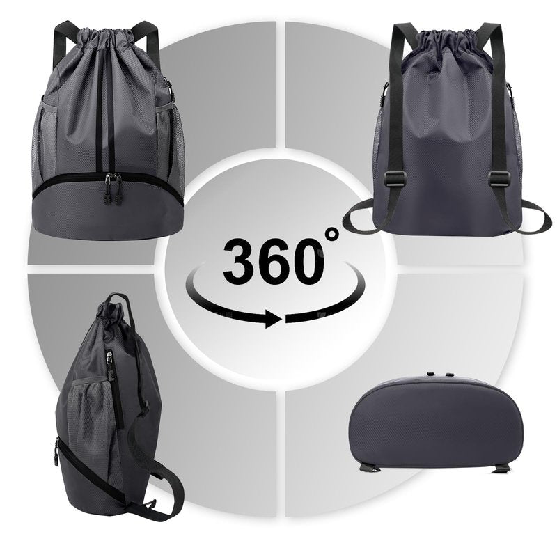 Hoedia Sports Drawstring Backpack - String Swim Gym Bag with Shoes Compartment and Wet Proof Pocket for Women and Men, Dark Grey
