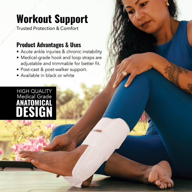 Braceapedia AnklePro Air Cushion Stirrup Ankle Stabilizer Brace - Removable Cold Therapy 3-Strap Rigid Stirrup Ankle Splint w/Gel Pad for Women & Men - Lateral Support for Stability, White, Regular