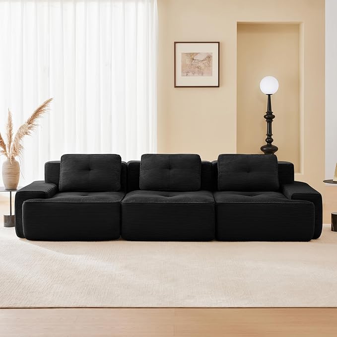 115" Modern Corduroy Cloud Sofa, Boneless Modular Large Sectional Couches for Living Room, Black 3 Seater Compressed Memory Foam Couch, Extra Deep Seat, No Assembly