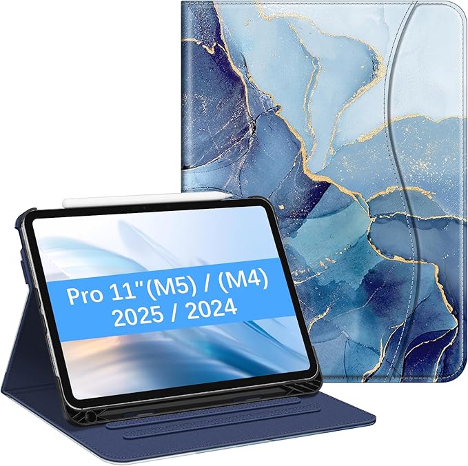 Fintie Folio Case for iPad Pro 11-inch (M5) 2025 / (M4) 2024 - Multiple Angles Viewing Stand Protective Cover with Pencil Holder & Pocket, Auto Wake/Sleep, Ocean Marble