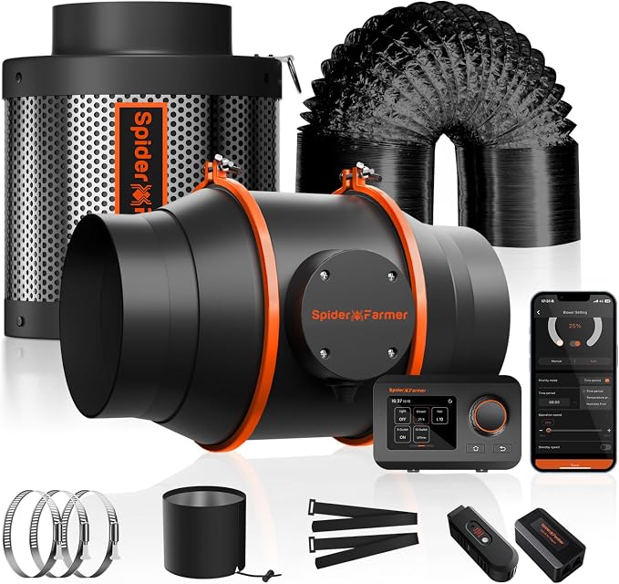 Spider Farmer Smart Air Filtration Kit 6", Inline Duct Fan, GGS Temperature
