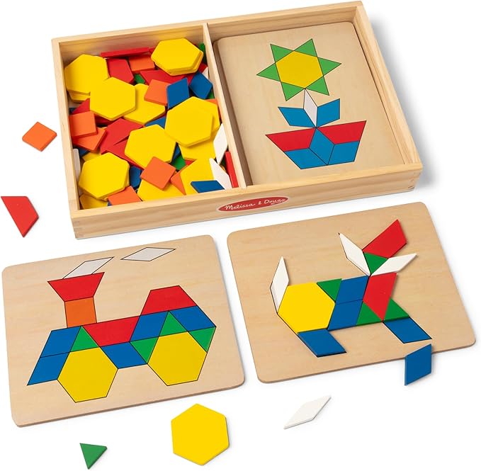 Melissa & Doug Pattern Blocks and Boards with 120 Multi-Colored Wooden Shape Tiles, 5 Double-Sided Puzzle Boards, Tangram Puzzles, Montessori Toys for Girls & Boys