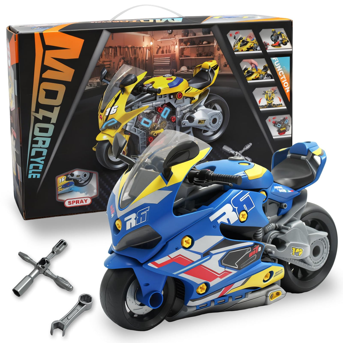 Poakkus Take Apart Motorcycle Toys Kit, Motorcycle Model Toys for Kids Mechanic,Motorcycles Toy with Light, Sound & Spray for Toddlers 3+ Kids,Interactive Toy Engine Building Kit, Blue