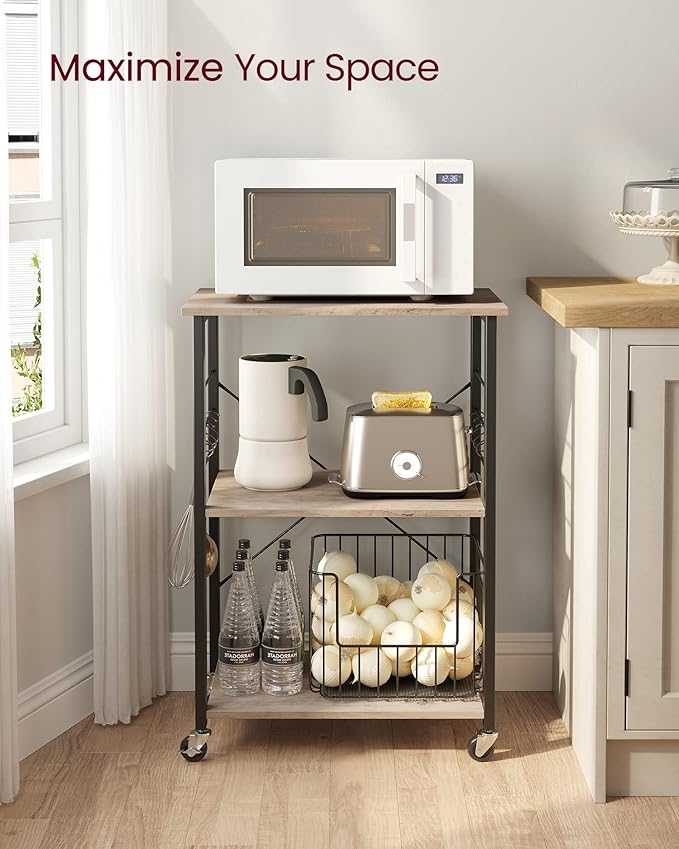 VASAGLE Kitchen Shelf on Wheels, 23.6 Inches Serving Cart with 3 Shelves, Kitchen Cart, Microwave Shelf, for Mini Oven, Toaster, with 6 Hooks, Industrial Style, Heather Greige and Ink Black UKKS060B02