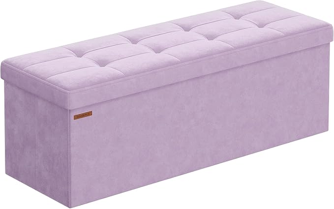 SONGMICS Mazie Collection - Storage Ottoman Bench, Foldable Foot Rest, 15 x 43 x 15 Inches, End of Bed Bench, Storage Chest, Load 660 lb, Living Room, Bedroom, Entryway, Light Lilac ULSF277P01