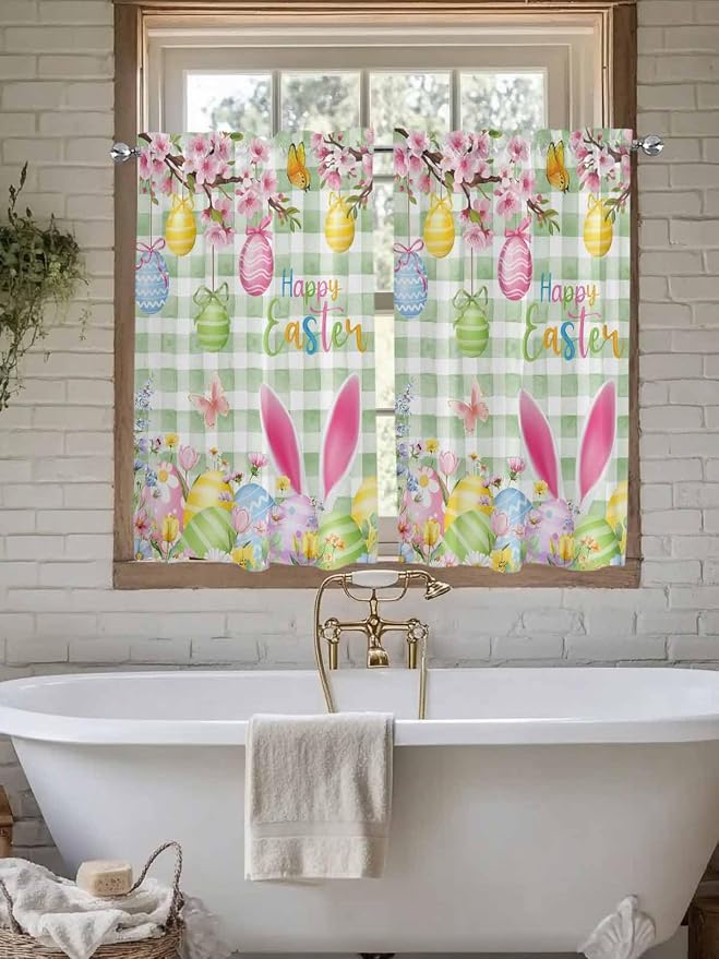 Happy Easter Kitchen Curtains 54 Inches Length, Spring Bunny Eggs Flower Sage