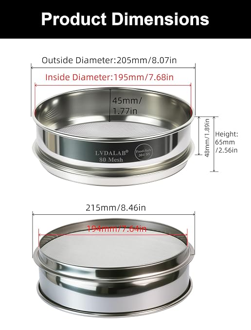 All 304 Stainless Steel 80 Mesh Test Sieve, 8 Inch/20cm Diameter, Powder Sifter