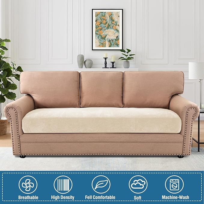 H.VERSAILTEX Stretch Chenille Couch Cushion Cover Soft Sofa Covers Washable Thick Durable Cushion Covers for Couches and Sofas All Seasons Universal(3 Seater Sofa Cushion Cover,Beige)