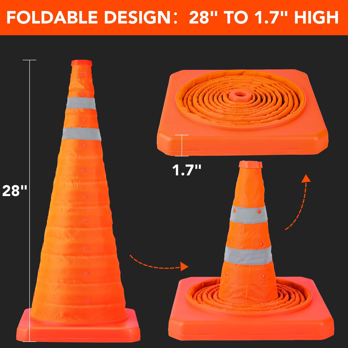 TENKAIWICK 28 Inch 4 Pack Traffic Cones with Storage Bag, Collapsible Safety Cones, Multi Purpose Pop-up Cones with Reflective Collar, Orange Cones for Parking lot, Driveway, Driving Training etc