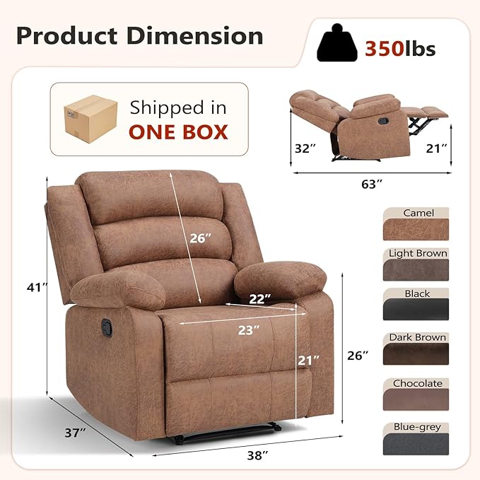 ANJ Manual Recliner Chair Set of 2, Breathable Faux Leather Reclining Chairs with Overstuffed Arm and Back, Living Room Single Sofa Recliners