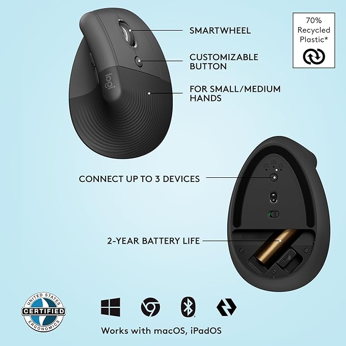 Logitech Lift Vertical Ergonomic Mouse, Wireless, Bluetooth or Logi Bolt USB Receiver, Quiet clicks, 4 Buttons, Compatible with Windows/macOS/iPadOS, Laptop, PC - Graphite