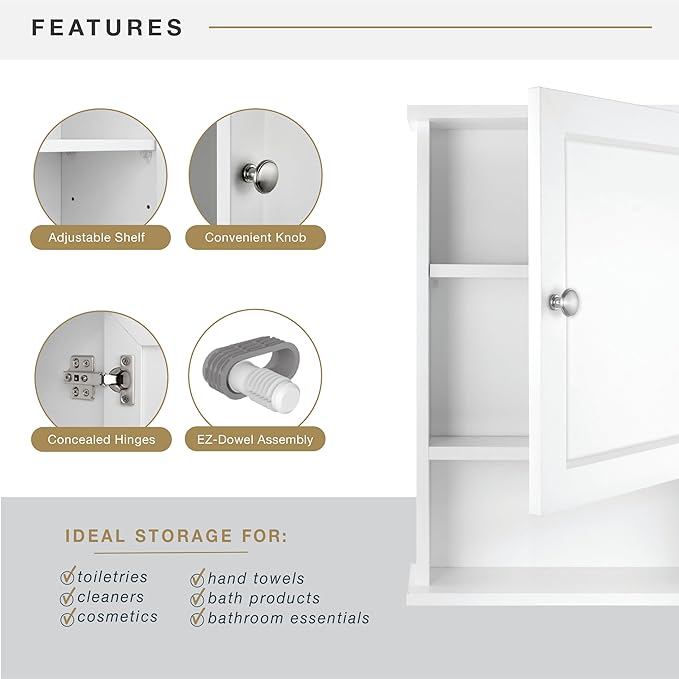 MCS 23x16 White Medicine Cabinet Organizer, Wall Mounted Bathroom Cabinet for Over-The-Toilet Storage, Bathroom Furniture & Restroom Organizer