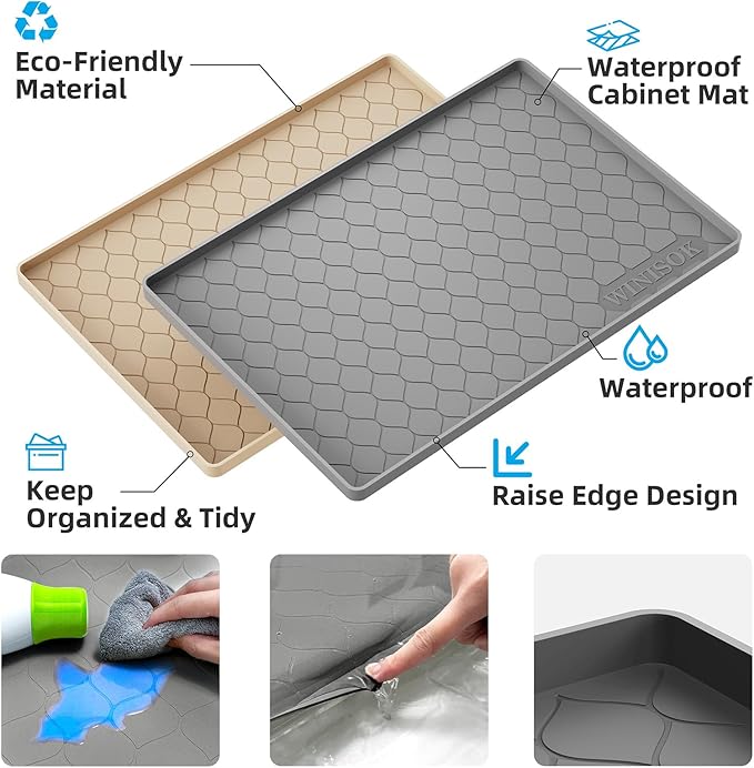 Silicone Under Sink Mat 34" x 22", kitchen Essentials and Gadgets, Shelf liner and Cabinet Protector, Home Organizers and Storage, Waterproof Bathroom Tray