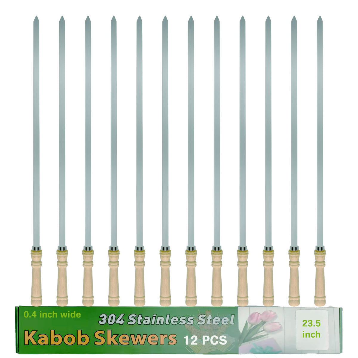 JOWHONK 21.5 inch Long Flat Skewers for Kabobs (12 PCS),0.4" Wide 304 Stainless Steel Barbecue Kebab Skewers for Grilling with Wood Handle,Durable for BBQ Metal Kabob Skewer Sticks for Outdoor