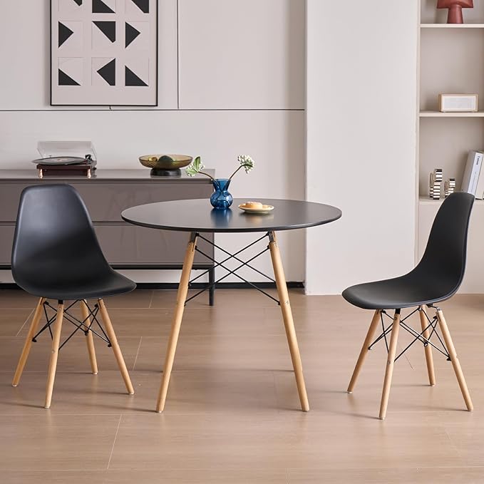 35.5'' 5 Piece Round Dining Table Set for 4, Mid-Century Modern Table with Chairs, Space Saving, Plastic Seats, Wood Legs, Circle Dinner Table for Kitchen, Home, Apartment, Black