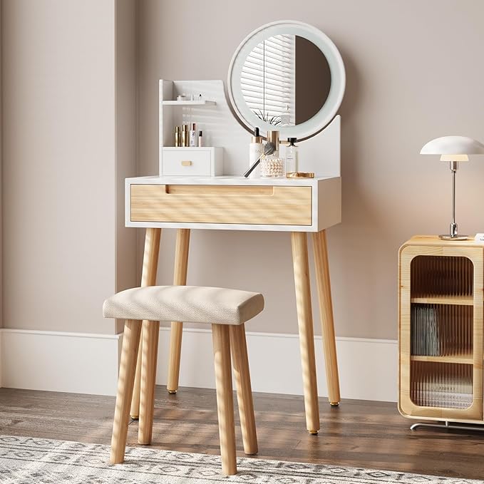 ARTETHYS Small Vanity Desk Set with 3 Adjustable Lighted Mirror and Storage Shelf White Tiny Makeup Vanities Set with Drawer for Bedroom 24 Inch Compact Dressing Table for Mini Space