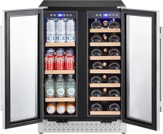 VEVOR Wine and Beverage Refrigerator, 24 in Dual Zone Wine Cooler, Built-in & Freestanding Fridge with Glass Doors, Adjustable Shelves, Digital Temperature Control, 64 Cans and 20 Bottles Capacity
