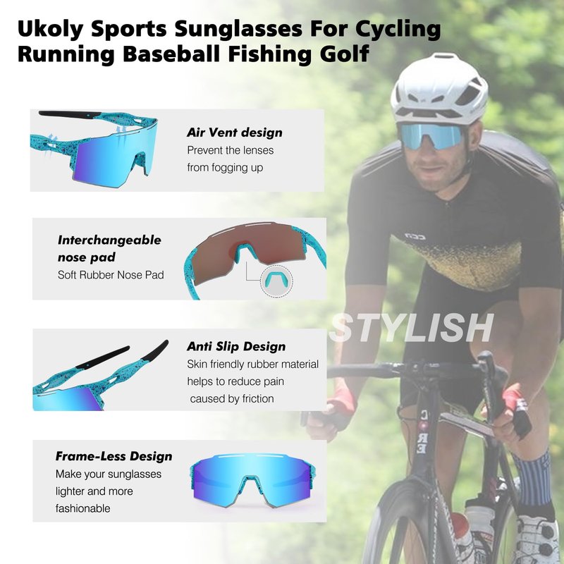 Ukoly Cycling Sunglasses for Men Women with 3 Interchangeable Lenses,Polarized Sports Sunglasses,Baseball Glasses SpU