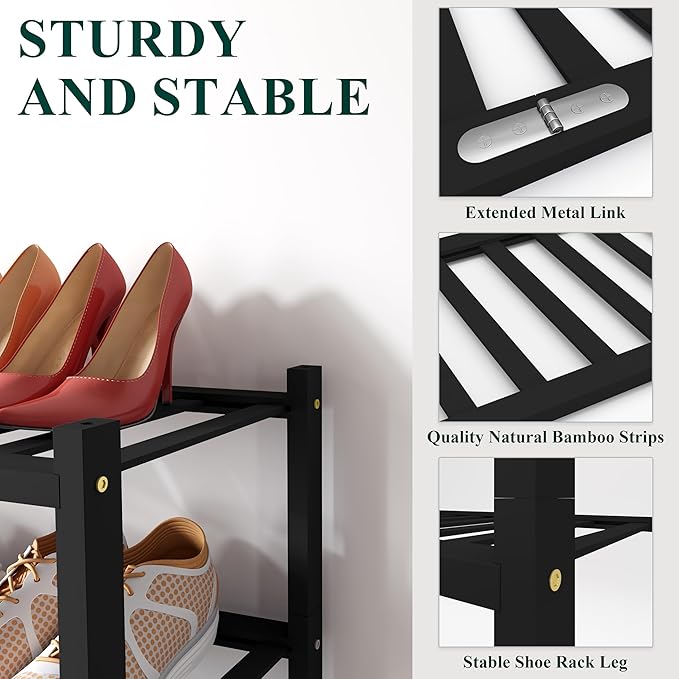 Smiry Shoe Rack, 2 Tier Long Bamboo Shoe Organizer, Stackable Free Standing Wooden Shoe Storage Shelf for Closet, Entryway, Front Door Entrance, Black