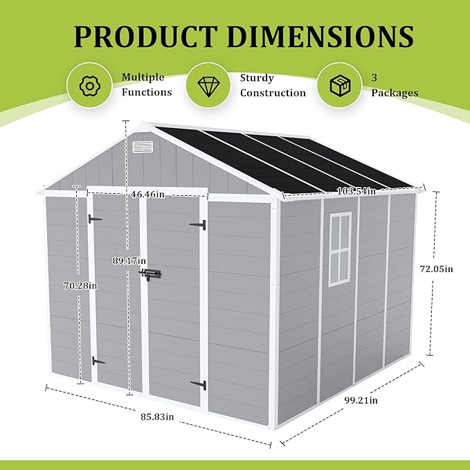 8x8 FT Outdoor Storage Resin Shed with Floor, Plastic Garden Tool Shed with Sloped Roof, Lockable Door & Windows, Easy to Assemble Bike Shed for Lawn, Backyard, Patio, Grey