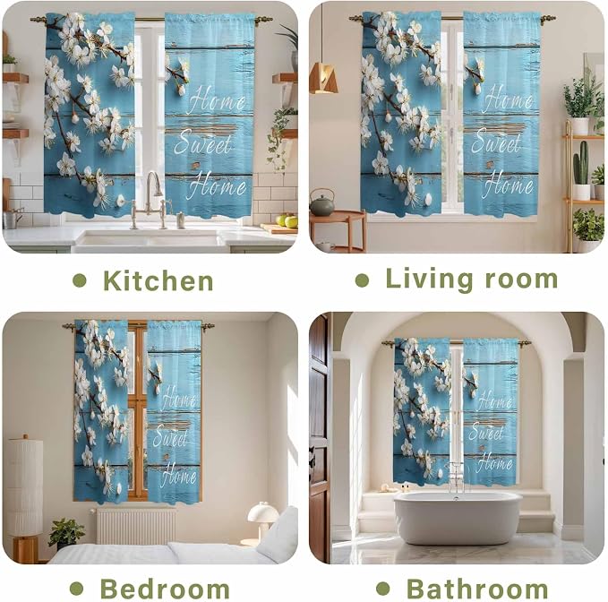 Farmhouse Wooden Grain Kitchen Curtains, Vintage Shabby Chic Flower Blue Light