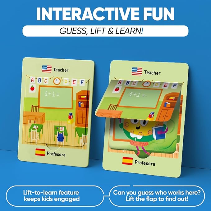 Kidrox Career & Professions Flash Cards, English Learning Cards with Spanish Translations, Interactive Open & Cover, 30 Pack