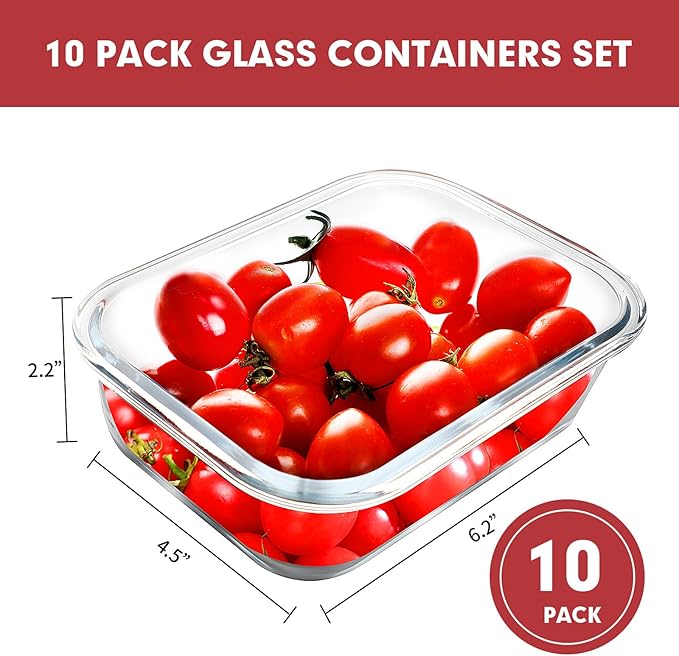 VERONES 10 Pack 22 OZ Glass Meal Prep Containers, Airtight Glass Lunch Containers Set, Glass Food Storage Containers with Lids,Exclusive of BPA, for Microwave, Oven, Freezer & Dishwasher Friendly,Red
