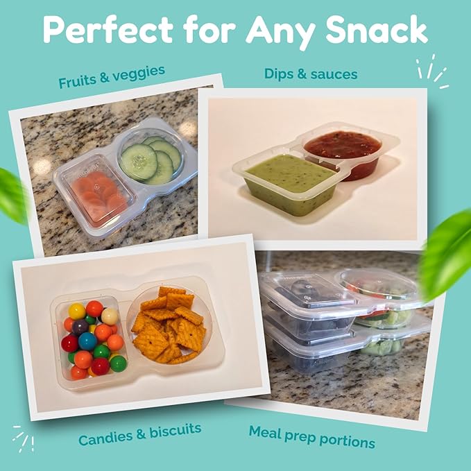 Reusable Snack Containers with Lids 50Pcs, Portion control containers, Snack Pack Containers,2 Double Compartment Snack Containers for Kids On the Go Meals, Camping Condiment Snack Tray Prep