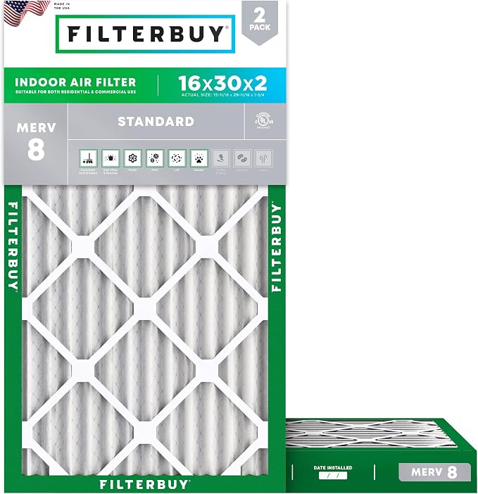 Filterbuy 16x30x2 Air Filter MERV 8 Essential Dust & Allergy Defense,