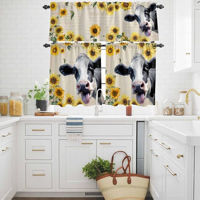 Kitchen Curtains Tiers and Valance Set of 3, Cow Sunflowers Light Filtering