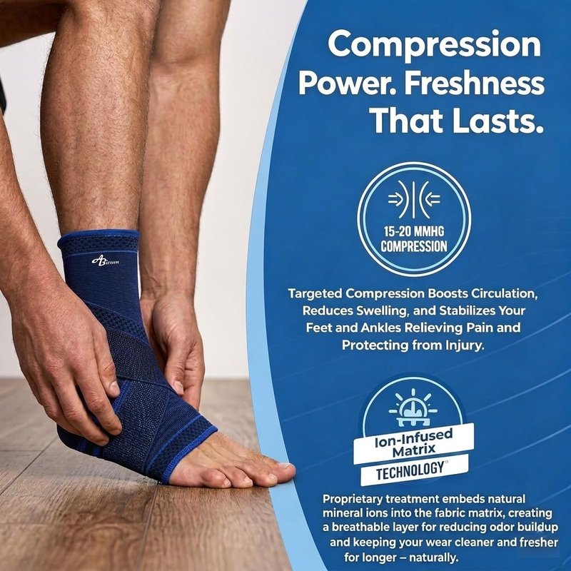 ABIRAM Ankle Brace for Men & Women - Adjustable Compression Sleeve with Wrap, Stability Support & Relief for Sprained Ankle, Plantar Fasciitis & Achilles Tendonitis - Breathable Running & Sports Gear