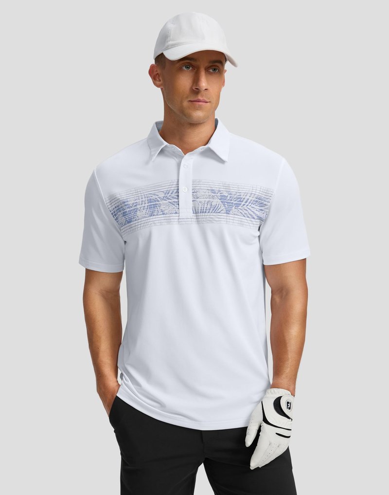 Men's Golf Shirts Dry Fit Moisture Wicking Performance Short Sleeve Collared Polo Shirts for Casual Tennis Bussiness (White Leaves, XXXL)