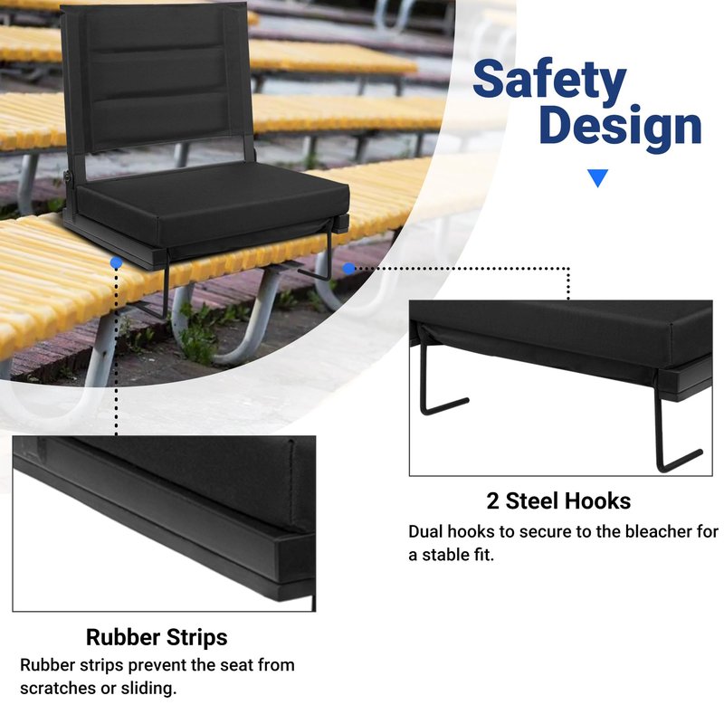 Maeytau Stadium Seats for Bleachers with Back Support, Portable Bleacher Seats with Thick Padded Cushion and Shoulder Strap, Wide Stadium Seat Chair Includes Hooks, Cup Holder and Side Pocket, 2-P