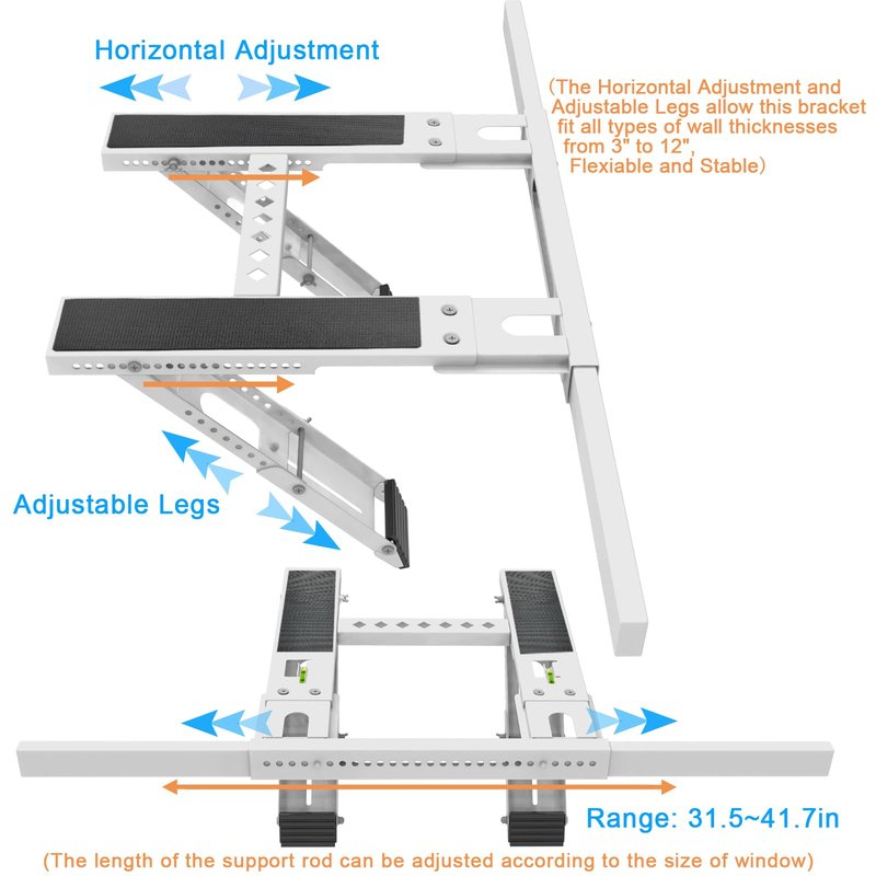 Universal Window Air Conditioner Support Bracket, No Drilling Heavy-Duty AC Window Bracket Supports Up to 200lbs for 5,000-24,000 BTU AC Units, Fits Single or Double Hung Windows