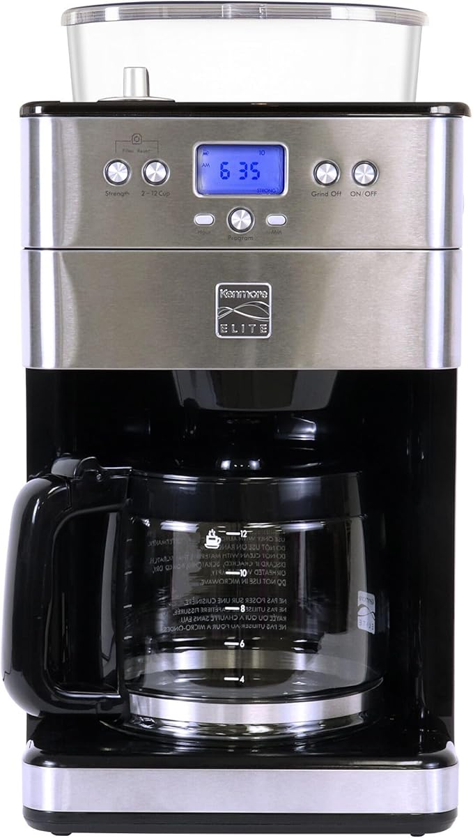 Kenmore Elite Grind and Brew Coffee Maker w/ Burr Grinder, 12 Cup Programmable Automatic Timer Brew Coffee Machine, Air-Tight Bean Hopper, Grind Size and Brew Strength Selectors, Stainless Steel
