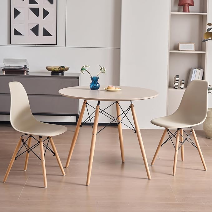 35.5'' 5 Piece Round Dining Table Set for 4, Mid-Century Modern Table with Chairs, Space Saving, Plastic Seats, Wood Legs, Circle Dinner Table for Kitchen, Home, Apartment, Khaki