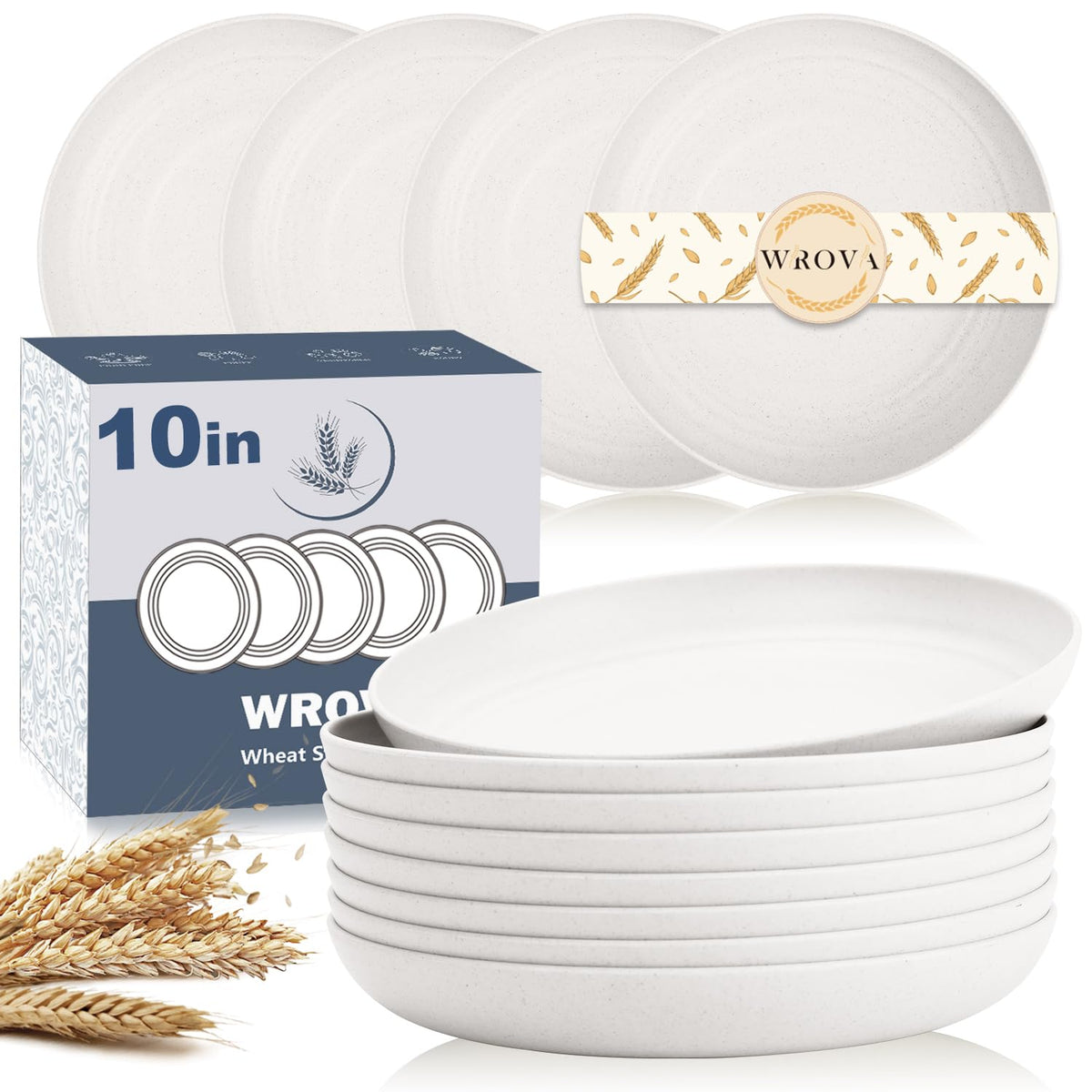 Wrova Wheat Straw Plates - 8 Inch Unbreakable Dinner Plates Set of 8 - Dishwasher & Microwave Safe Plastic Plates Reusable - Lightweight Plates for kitchen,R.V (pure black)