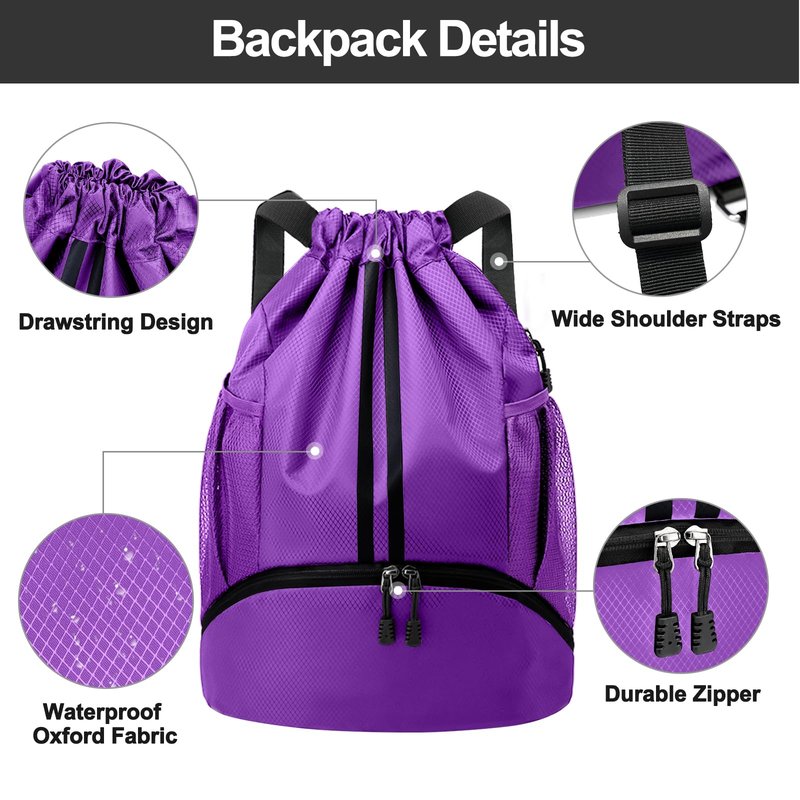 Hoedia Sports Drawstring Backpack - String Swim Gym Bag with Shoes Compartment and Wet Proof Pocket for Women and Men