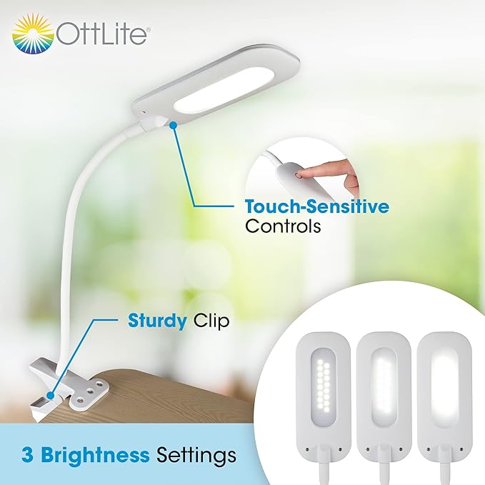 OttLite Flexible LED Clip Lamp with ClearSun LED Technology - Soft Touch Clip Light is Dimmable & Flexible - Travel-Friendly Reading Lamp for Crafting, Sewing, Desks, Tables, & Bookshelves