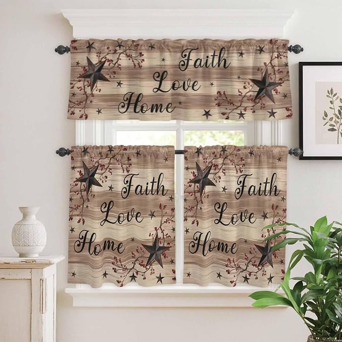 Kitchen Curtains Tiers and Valance Set of 3, Farmhouse Star Brown Light