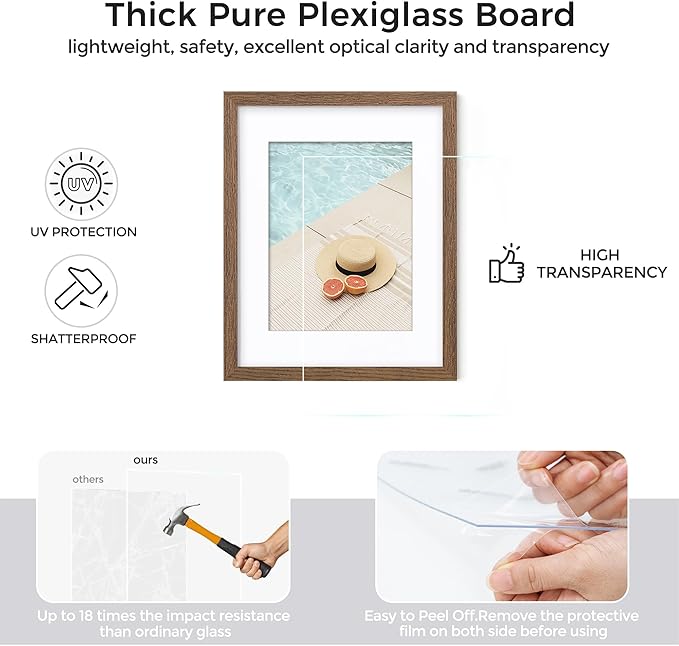 Axeman Solid Oak Wood Frame With Mat - 8x10, Plexiglass & Hanging Hardware Included - Walnut, 3 PCs
