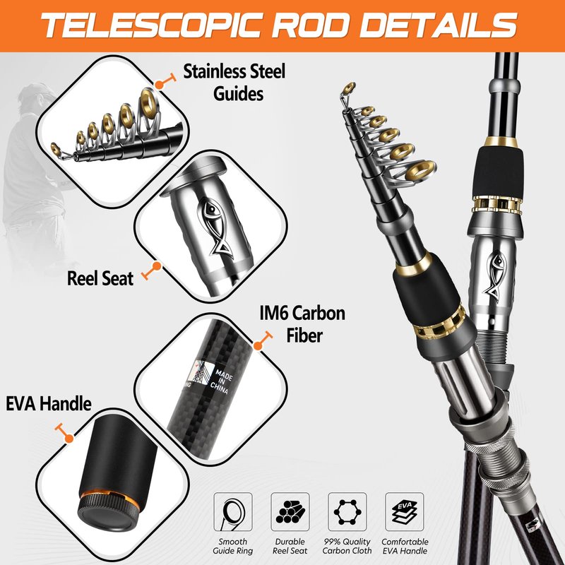 PLUSINNO Telescopic Fishing Rod and Reel Combos Full Kit, Carbon Fiber Fishing Pole, 12 +1 Shielded Bearings Stainless Steel BB Spinning Reel(2pack)