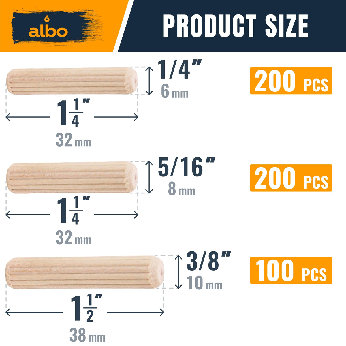 ALBO Wooden Dowel Pins 500 Pack Assorted Sizes 1/4 + 5/16 + 3/8 inch Fluted Wood Dowels Rods Hardwood Crafts Dowel Pegs