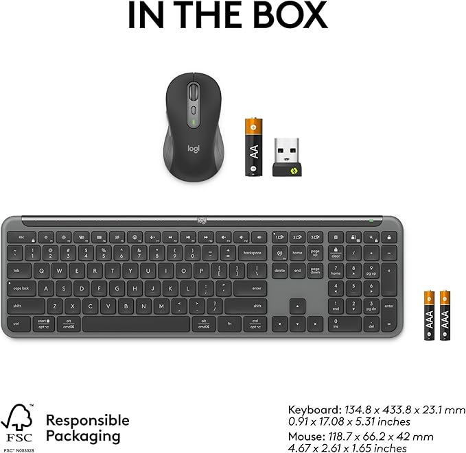Logitech Signature Slim MK955 for Business Wireless Keyboard and Mouse Combo, Quiet Typing, Secure Receiver, Bluetooth, Globally Certified, Windows/Mac/Chrome/Linux - Graphite