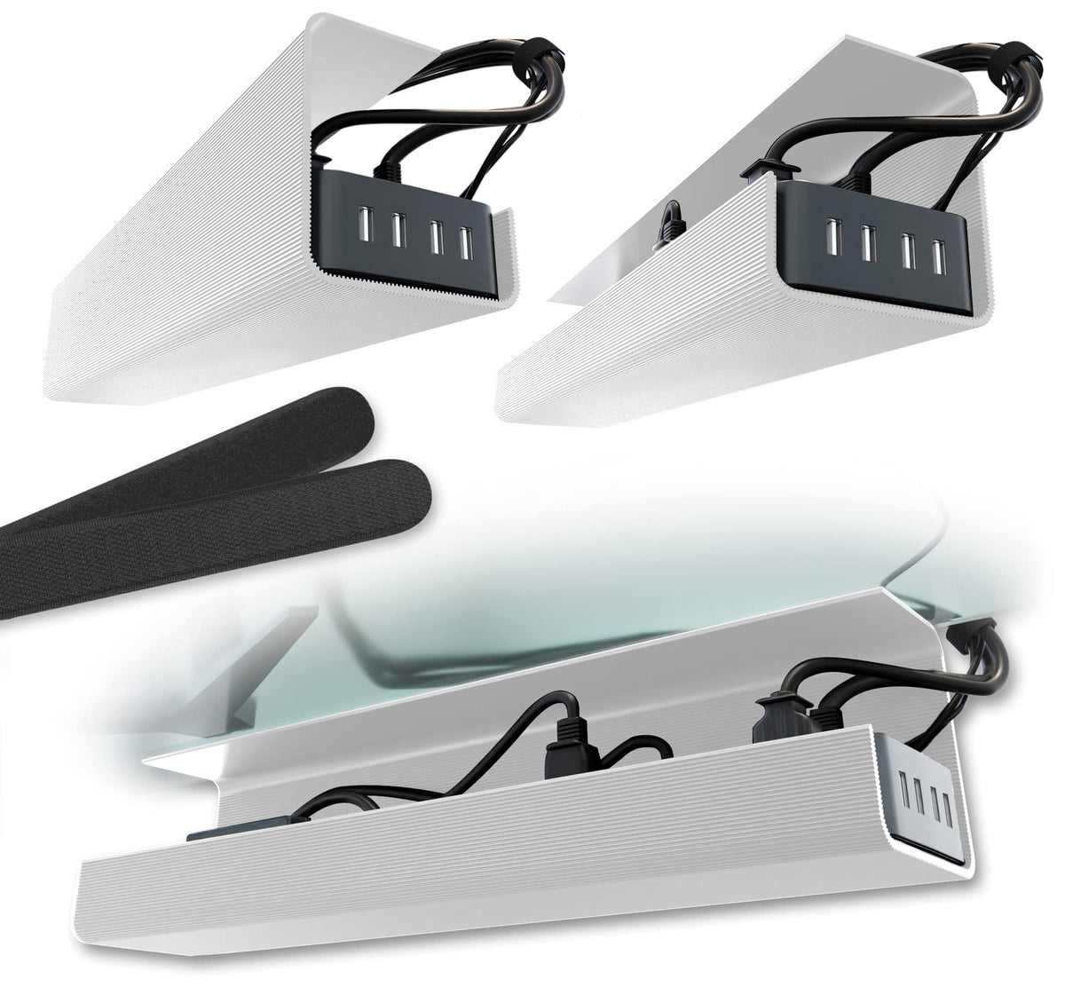 No-Screw Under Desk Cable Management Tray - Self-Adhesive Installation, Cord Management, Cable Tray, Under Desk Wire Organizer - White Set of 2